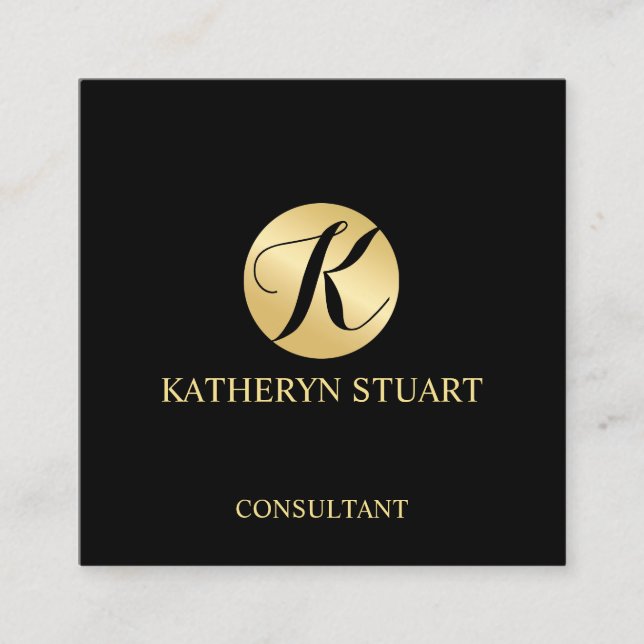 Black and Gold Elegant Monogram Square Business Card (Front)
