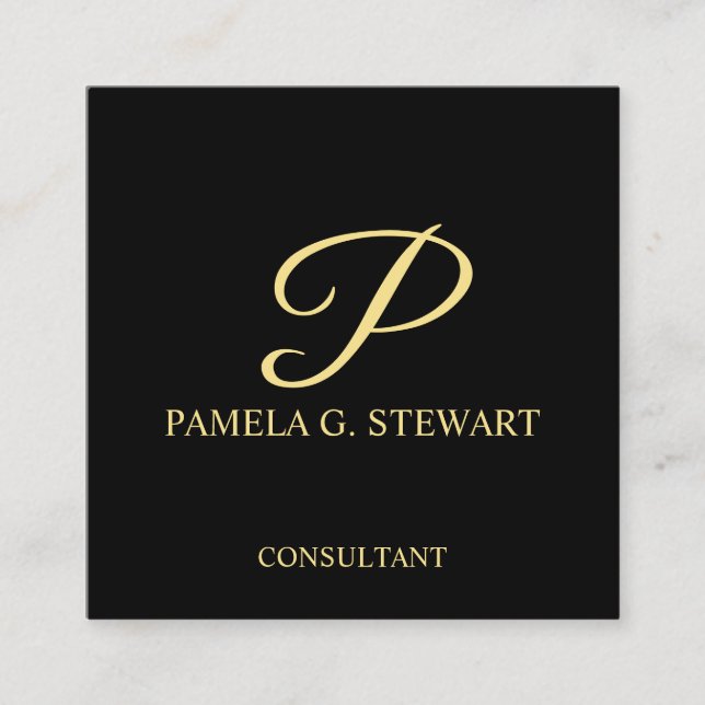 Black and Gold Elegant Monogram Square Business Card (Front)