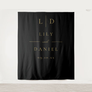 Black and Gold Elegant Monogram Wedding Backdrop Tapestry