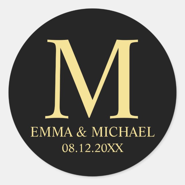 Black and Gold Elegant Monogram Wedding Favour Classic Round Sticker (Front)