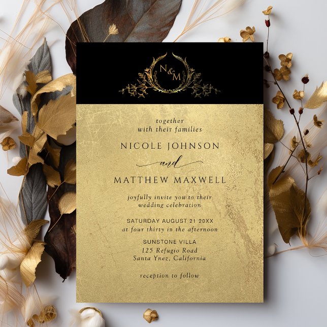 Black and Gold Elegant Monogram Wedding Invitation (Creator Uploaded)