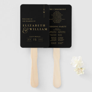 Black And Gold Elegant Monogram Wedding Program Hand Fan
