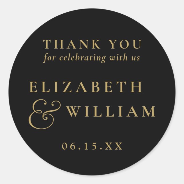 Black And Gold Elegant Monogram Wedding Thank You Classic Round Sticker (Front)