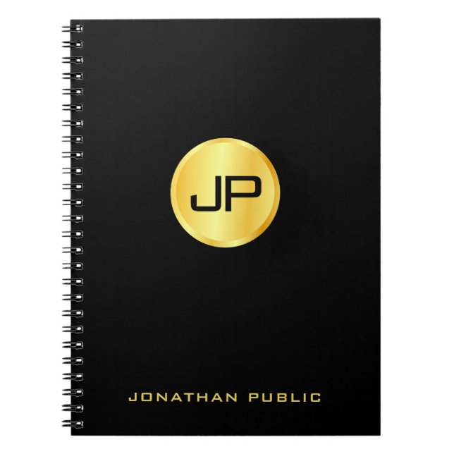 Black And Gold Elegant Monogrammed Template Notebook (Front)