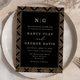 Black and Gold Elegant Ornamental Monogram Wedding Invitation