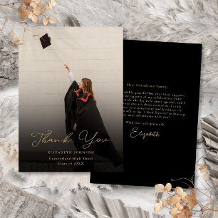 Black And Gold Elegant Photo Script Graduation Thank You Card
