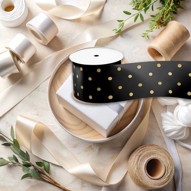 Black And Gold Elegant Polka Dots Pattern Satin Ribbon (Creator Uploaded)