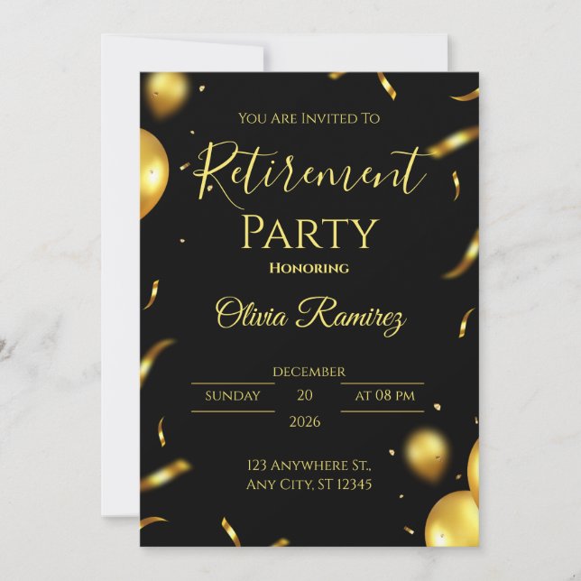 Black And Gold Elegant Retirement  Invitation (Front)