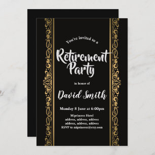black and gold, elegant retirement party invitation