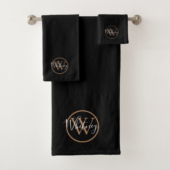Black and Gold Elegant Script Monogram  Bath Towel Set (Insitu)