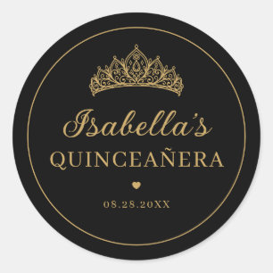Black and Gold Elegant Tiara Quinceañera Classic Round Sticker