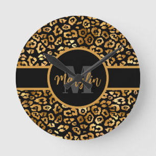 BLACK AND GOLD ELEGANT TRENDY LEOPARD PRINT ROUND CLOCK