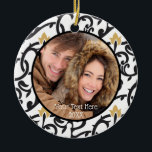 Black and Gold Elegant Vintage Two Photo Two Sided Ceramic Tree Decoration<br><div class="desc">Elegant, vintage black and gold vines with a place to add your photo and text on the front. The design is generic enough for any photo or occasion (i.e., family, baby, pet, newlyweds, engagements, new home, etc.) The back features a full-bleed photo WITH A SEPIA TONE FILTER already applied... you...</div>