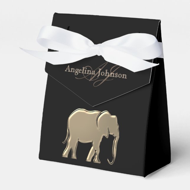 Black and Gold Elephant Classy Elegant Monogrammed Favour Box (Front Side)