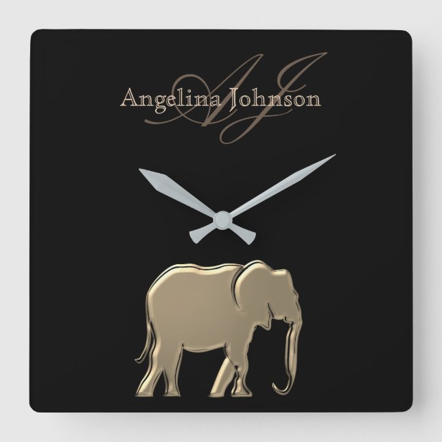 Black and Gold Elephant Monogrammed Square Wall Clock (Front)