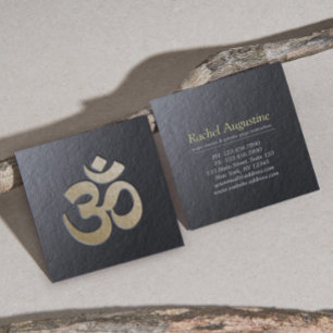 Black and Gold Embossed OM Symbol Yoga Instructor Square Business Card