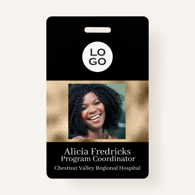 Black and Gold Employee Photo ID with Logo ID Badge (Front)