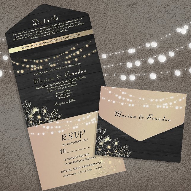 Black and Gold Fairy Lights Wedding All In One Invitation (Creator Uploaded)