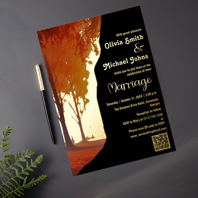 Black and Gold Fall QR code Wedding Invitation (Creator Uploaded)