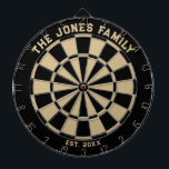 Black and Gold Family Dartboard with Darts<br><div class="desc">Black and gold dart board with two custom text areas. Great wedding gift!</div>