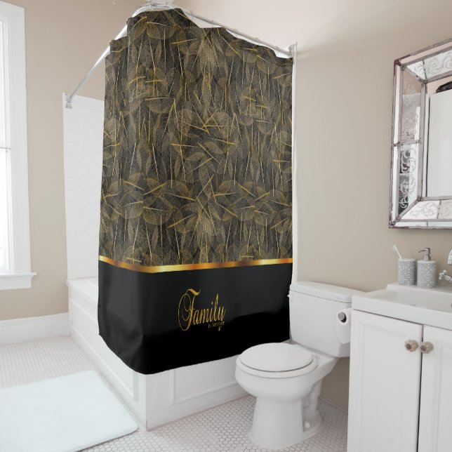 Black and Gold Family is Forever Design Shower Curtain (In Situ)