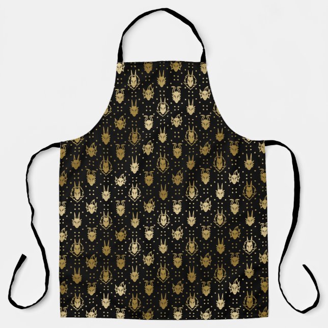 Black and Gold Fantasy Dragon Argyle Pattern Apron (Front)