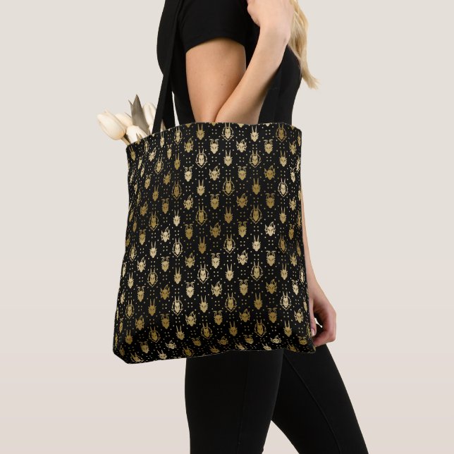Black and Gold Fantasy Dragon Argyle Pattern Tote Bag (Close Up)