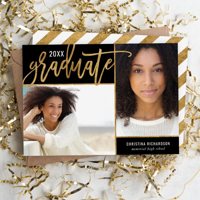 Black and Gold Faux Foil 2 Photo Graduation Announ Announcement (Creator Uploaded)