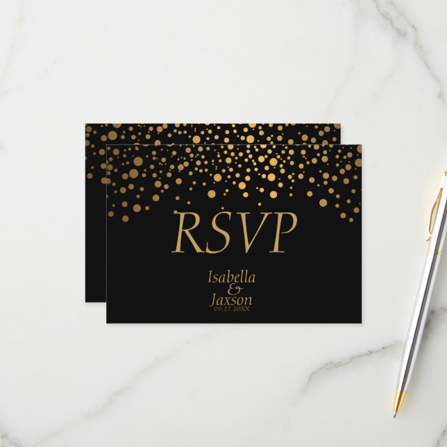 Black and Gold Faux Foil Confetti Dots  RSVP Card (Front/Back In Situ)