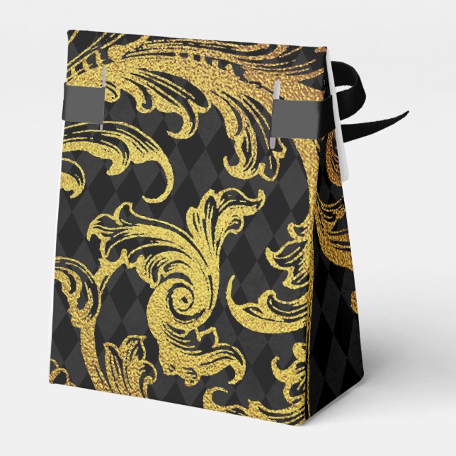 Black and Gold Faux Foil Damask Favour Box (Back Side)