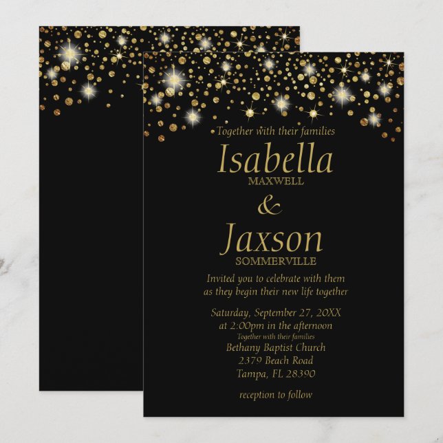 Black and Gold Faux Foil Sparkle Dots Invitation (Front/Back)