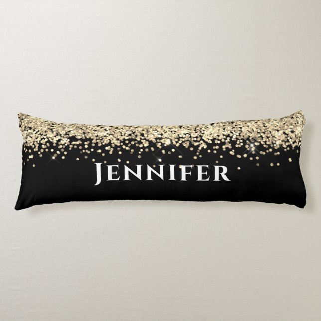 Black And Gold Faux Glitter Aesthetic Custom Name Body Cushion (Front)