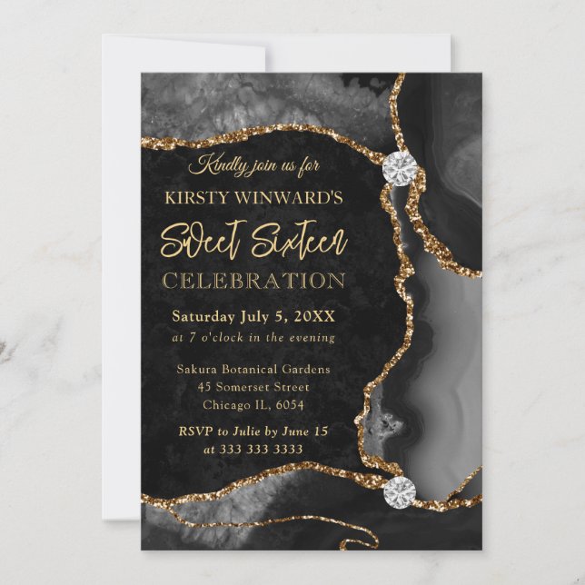 Black and Gold Faux Glitter Agate Sweet 16 Invitation (Front)