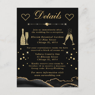 Black and Gold Faux Glitter Agate Wedding Details Enclosure Card