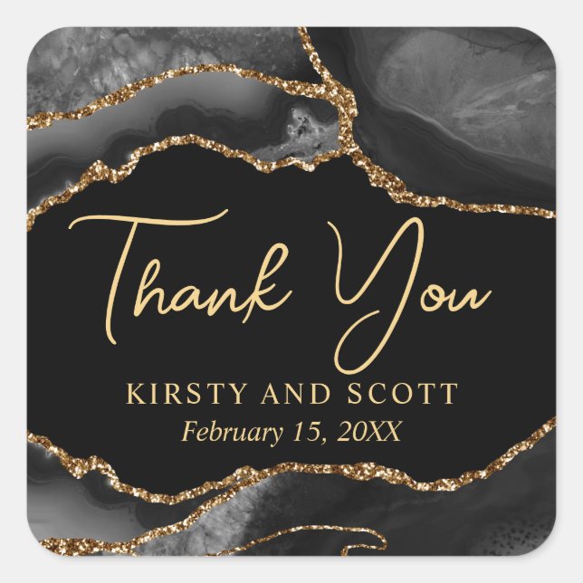 Black and Gold Faux Glitter Agate Wedding Square Sticker (Front)