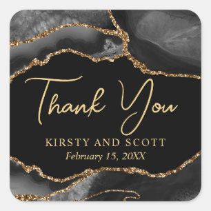 Black and Gold Faux Glitter Agate Wedding Square Sticker