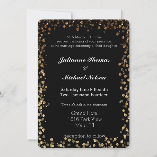 Black and Gold Faux Glitter Bokeh Wedding Invitation (Front)