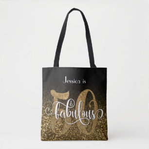 Black and Gold Faux Glitter Ombre 50 & Fabulous Tote Bag