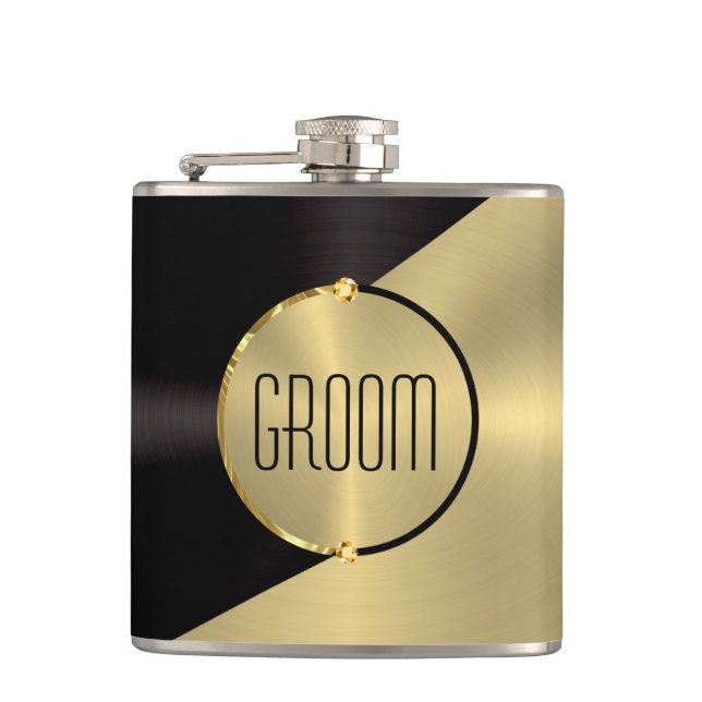 Black and gold faux metallic geometric design hip flask (Front)