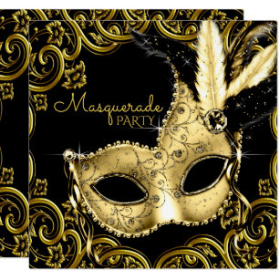 Black and Gold Feather Mask Masquerade Party Invitation