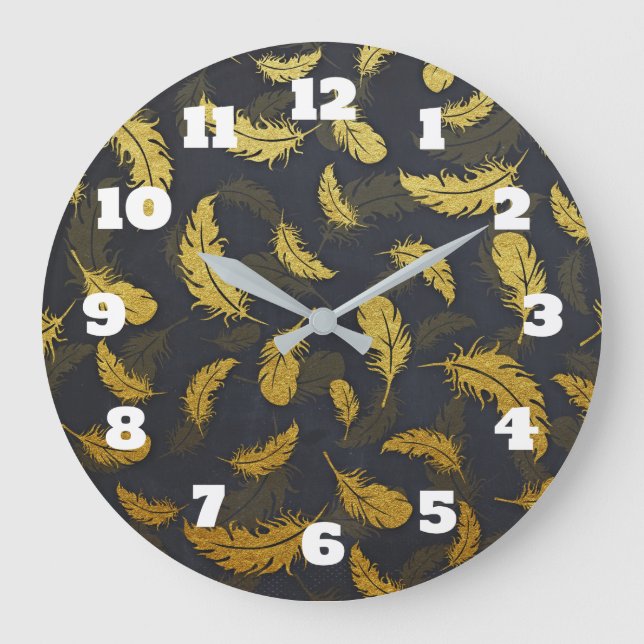 Black And Gold Feather Pattern Large Clock (Front)