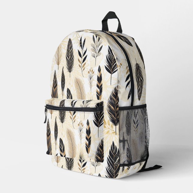 Black and Gold Feather Printed Backpack (Back Corner Right)