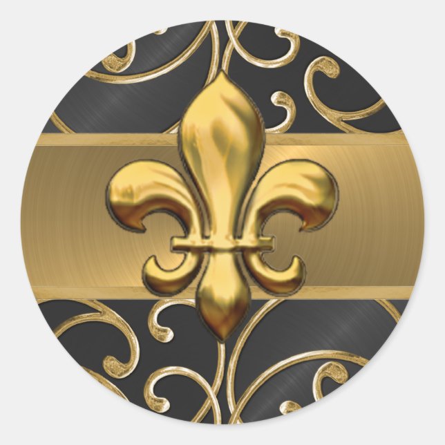 Black and Gold Filigree Swirls Fleur de Lis Classic Round Sticker (Front)