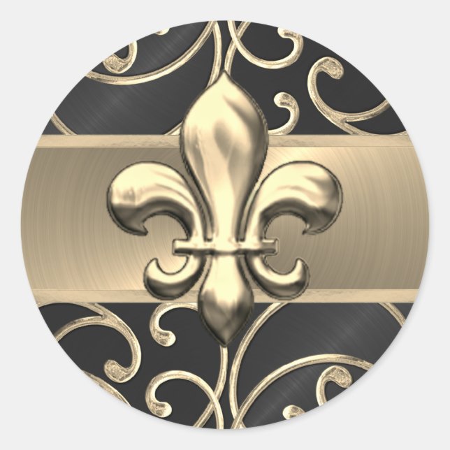Black and Gold Filigree Swirls Fleur de Lis Classic Round Sticker (Front)