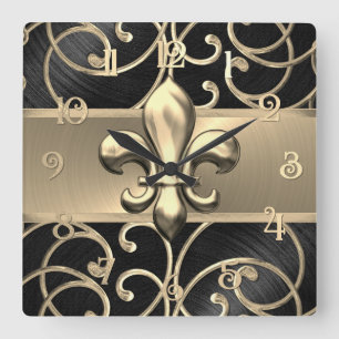 Black and Gold Filigree Swirls Fleur de Lis Square Wall Clock