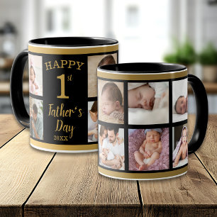 Black And Gold First Father's Day 8 Photo Collage  Mug