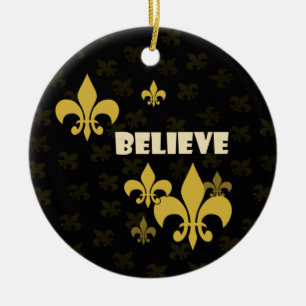 Black and Gold Fleur de Lis Believe Ceramic Ornament