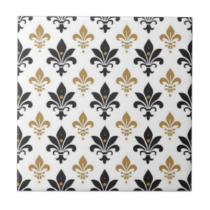 Black and Gold Fleur-de-Lis Pattern Ceramic Tile
