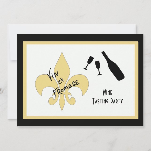 Black and Gold Fleur de Lis Wine Tasting Invites (Front)