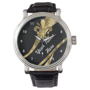 Black and gold fleur de lys personalised watch